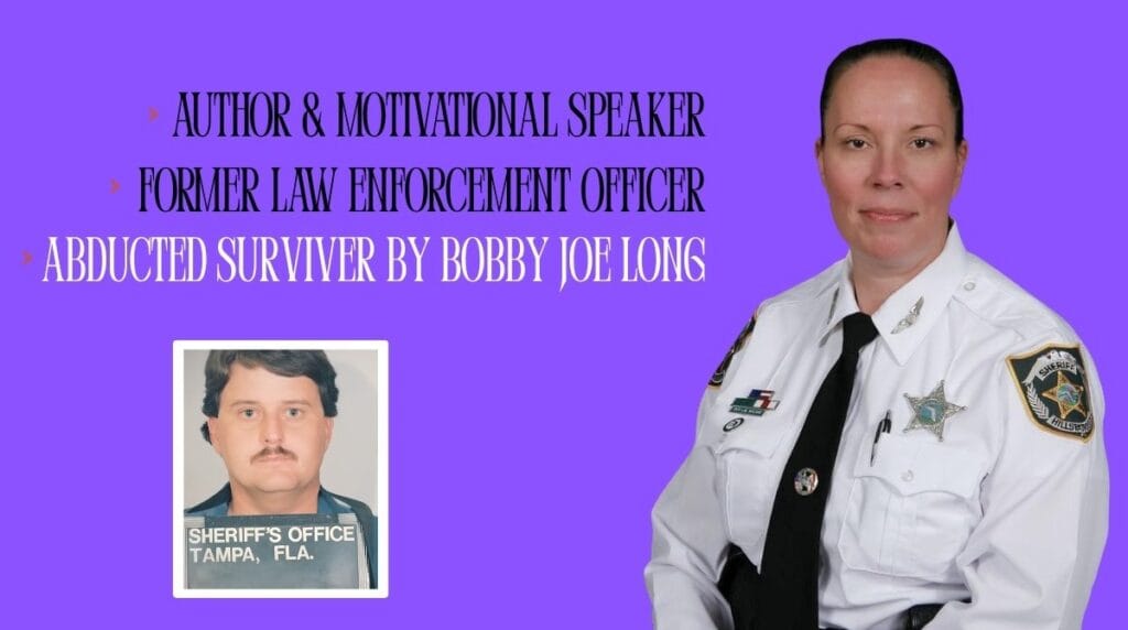 Promotional graphic featuring a woman in a law enforcement uniform alongside text highlighting her work as an author, motivational speaker, and survivor advocate.