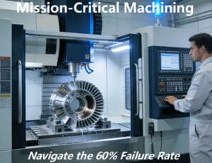 An engineer operates a sophisticated 5-axis CNC machining center while a complex aerospace or medical component is being precision-machined from titanium or aluminum in a clean, modern manufacturing facility.
