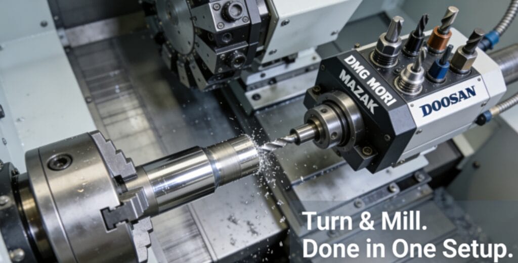 Close-up interior view of a high-end CNC turn-mill center machining a complex metal part in a single setup, showcasing the integration of turning and milling operations.